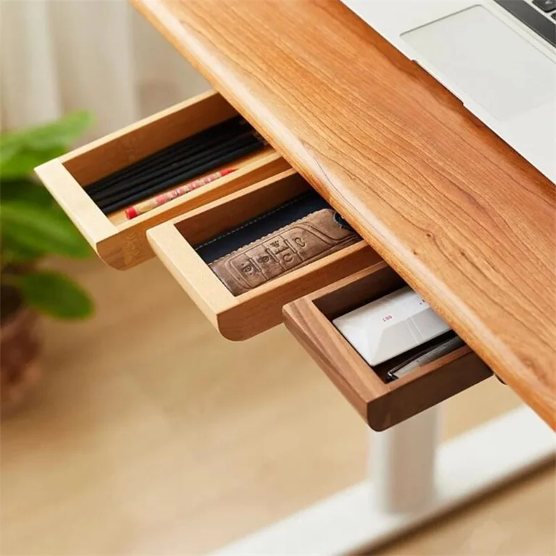 High-end Wood Storage Box Under Desk Adhesive Natural Home Storage Hidden Drawer Stationery Container Home Study Accessories