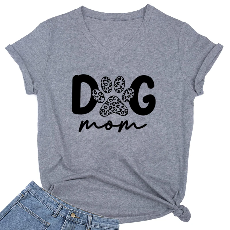 Women Dog Mom T-shirt Cute Dogs Paw Leopard Printed Tee Cartoon Casual Shirt Summer V-neck Short Sleeve Tees Dog Mama Tshirt