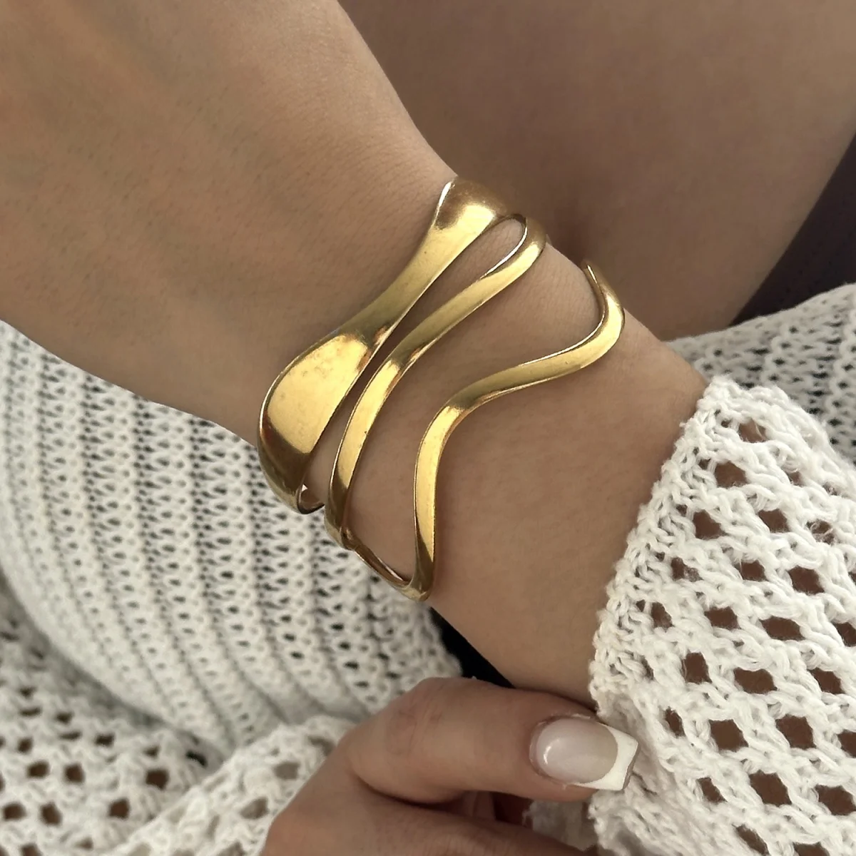 Vintage Stainless Steel Multilayer Wave Shaped Bracelets For Women Men Simple Geometric Irregular Lines Open Cuff Bangle Jewelry