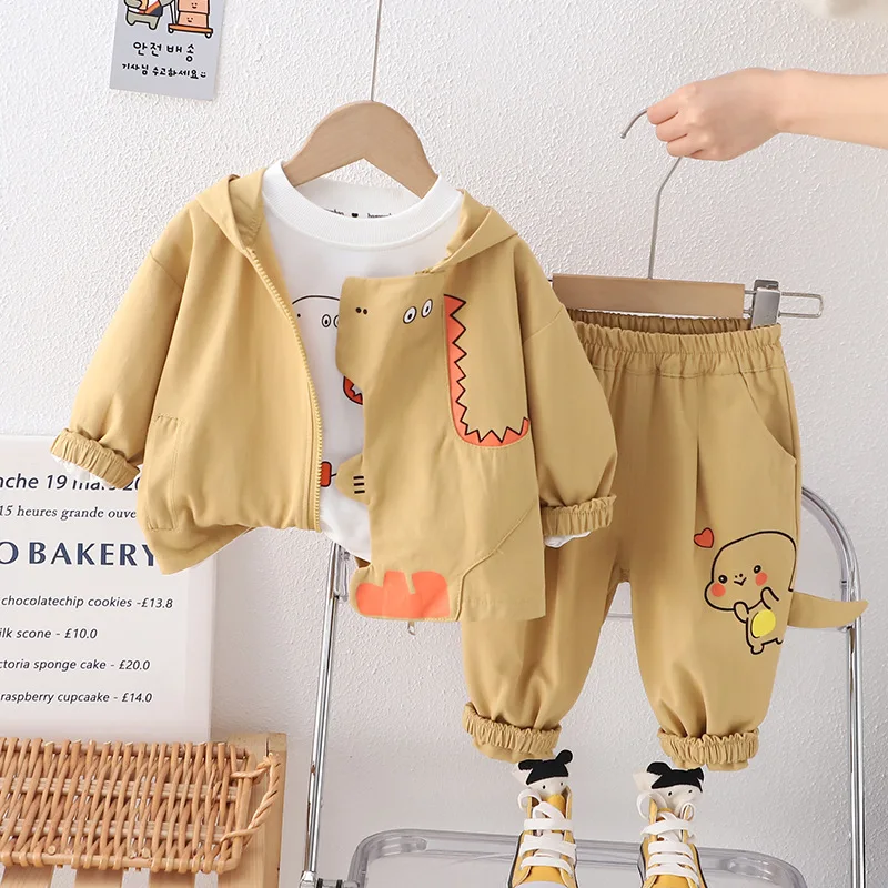 

Toddler Boys Outfits 2024 Spring Baby Boy Clothes Korea Style Cartoon Dinosaur Hooded Hoodies White T-shirts Pants Childrens Set