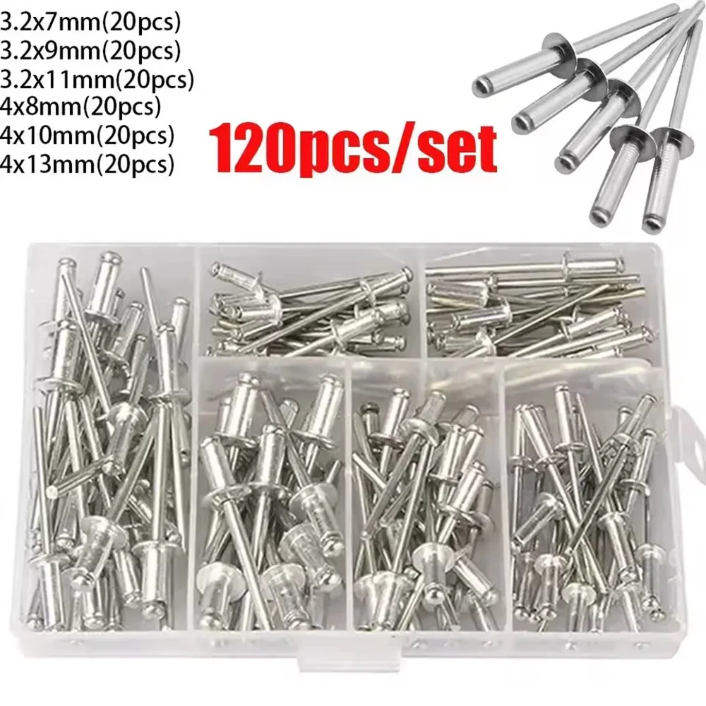 Aluminum Alloy rivet fasteners set, Pop rivet assortment kit, furniture assortment, dome head, blind rivet nut tools, 120pcs