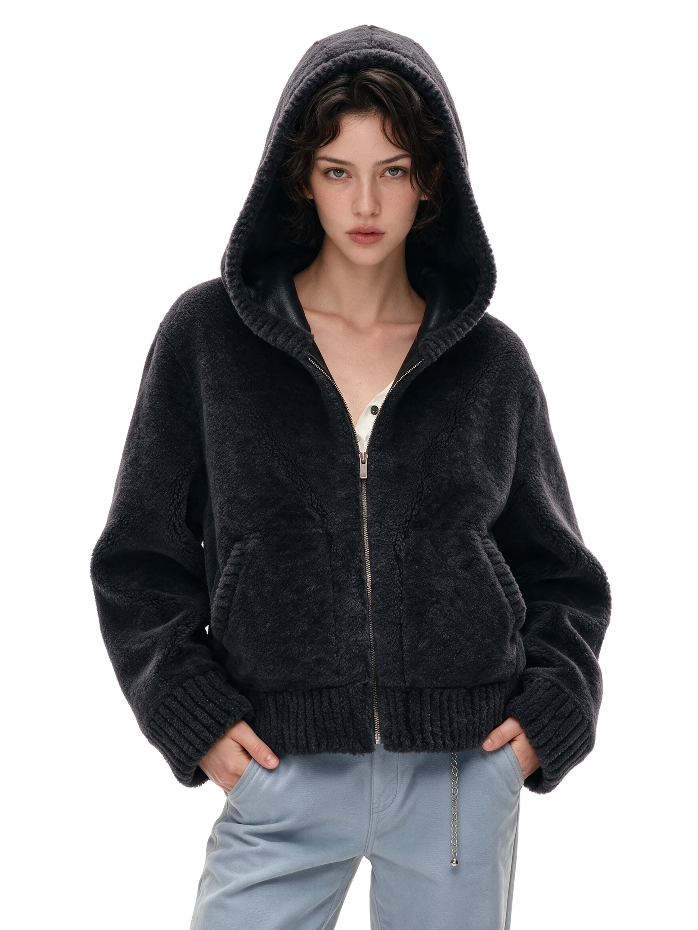 Eco-Friendly Lamb Fur Hooded Jacket Women's Winter Korean Style Plush Leather Coat Short Zipper Standard Fit GOGO BURN Brand