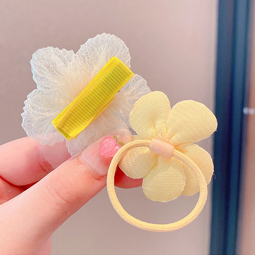 10pcs Bowknot Flower Hair Clips Scrunchies Set Kids Organza Charms Hair Ties Sweet Side Bangs Barrettes For Toddler Girls