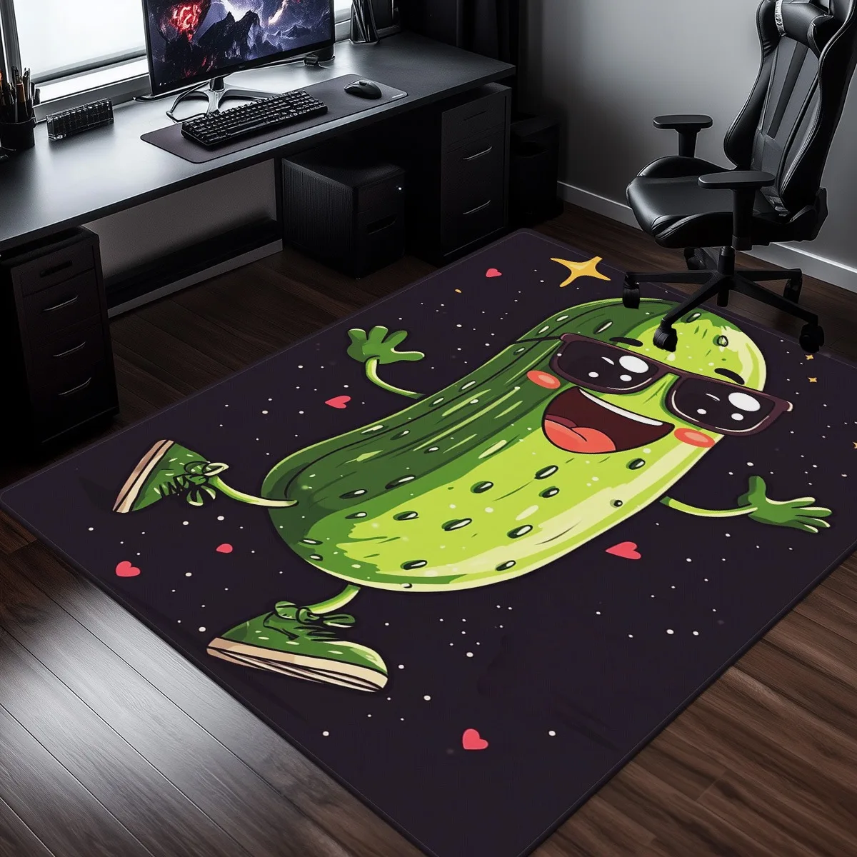 Pickle Rick dancing cartoon rug gamer room fun quirky decor black background with hearts stars cool meme inspired carpet