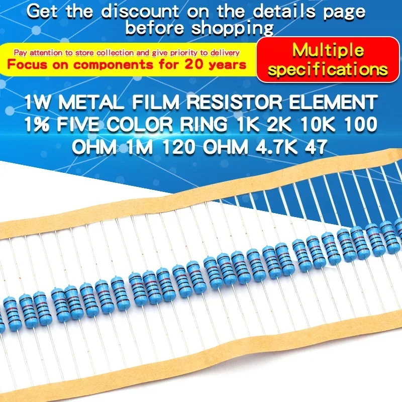 20PCS 1W 1% Metal Film Resistor 0.24Ω~2.2MΩ 1 10 47 100 200 220 300 470 910 1k 4.7k 10k 20k 47k 100k 220K 330K 470K 910k 1M ohm