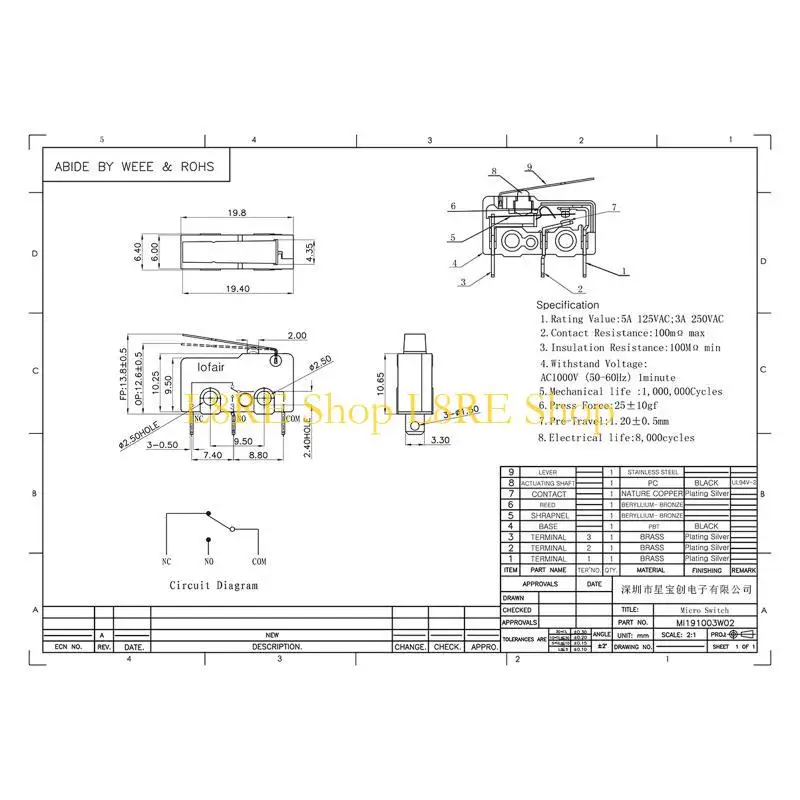 Cửa nước nóng L8RE thường mở thay thế Micro Switch 3 Chèn chân bền