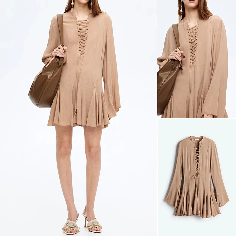 Ele V-Ne ロングスリーブ ハイウエスト Aライン オルト ドル レディース ファッション 春夏 ポリエステル繊維 ベルスリーブ ドル