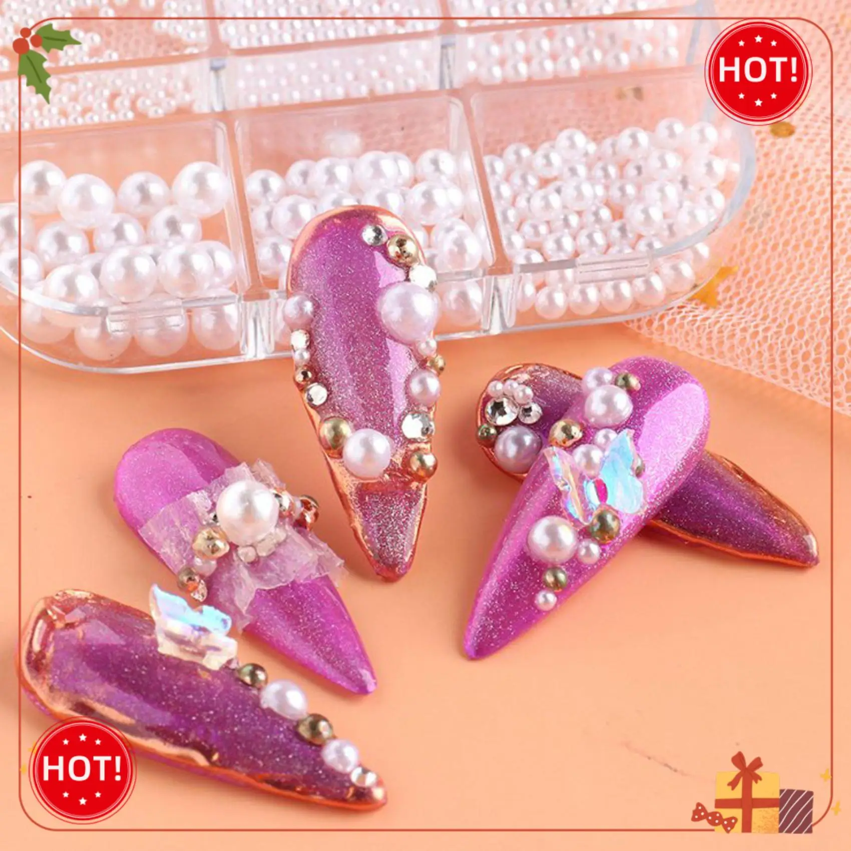 ABLE-1Box decoraciones de perlas, dijes para uñas, piezas redondas blancas para uñas, bolas de cuentas de acero dorado, joyería, accesorios para decoración de uñas