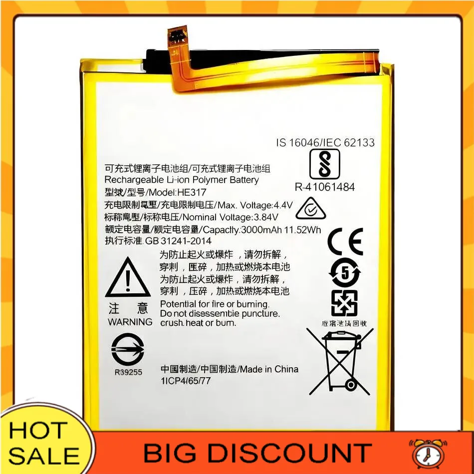 

3000Mah Mobile Phone Battery Good Low-Temperature Performance HE317 For Nokia 6 TA-1000 TA-1003 TA-1021 TA-1025 TA-1033 TA-1039
