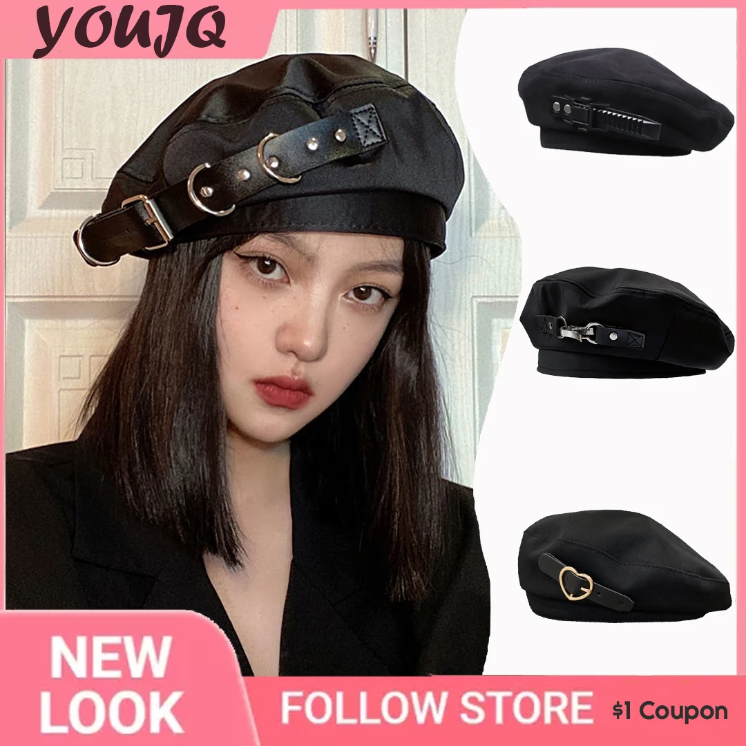 Y2K Cool Girl Japanese Beret Cap Women's Spring Summer New Cute Retro Wild Metal Buckle Plaid Temperament Painter Hat Gorras