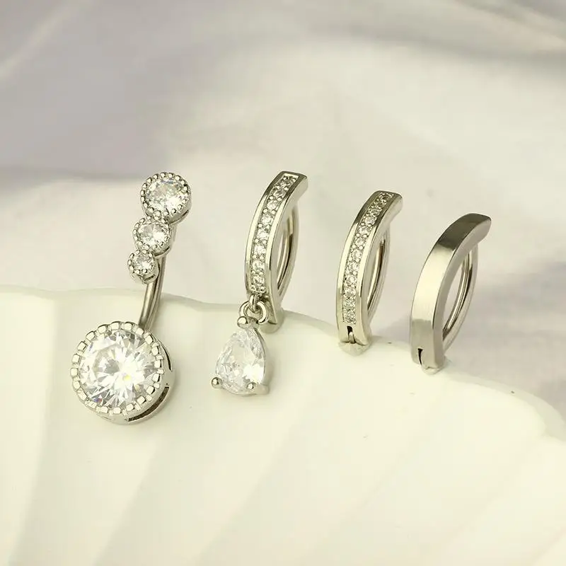 1/4pcs Watrer-Drop Dangled Reverse Belly Clicker Belly Button Rings 14G Stainless Steel Curved Navel Ring Set for Women Girls