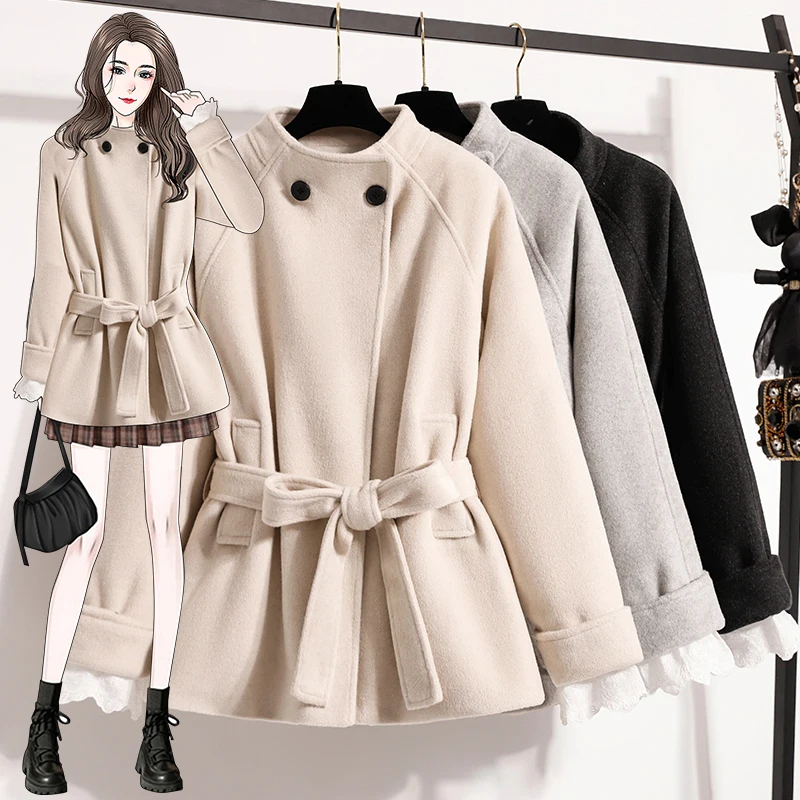 

Свободное женское двустороннее пальто-камерер с воротником-стойкой, осенне-зимняя верхняя одежда, модная шерстяная куртка для поездок на работу