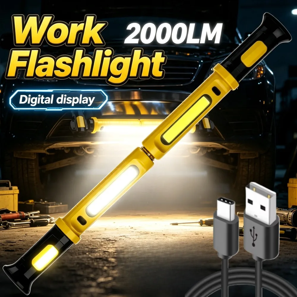 Long COB Magnetic Work Light USB Rechargeable White Yellow Light Portable Torch for Auto Repair Camping Outdoor Lighting