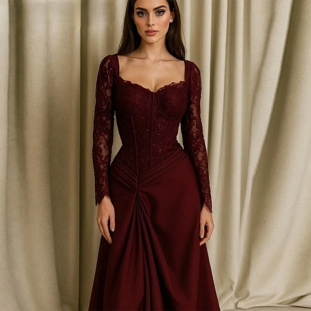 

Customized A-Line V-Neck Long Sleeves Elegant Evening Dress High Quality Lace Bespoke Occasion Gowns Floor Length Party Dress