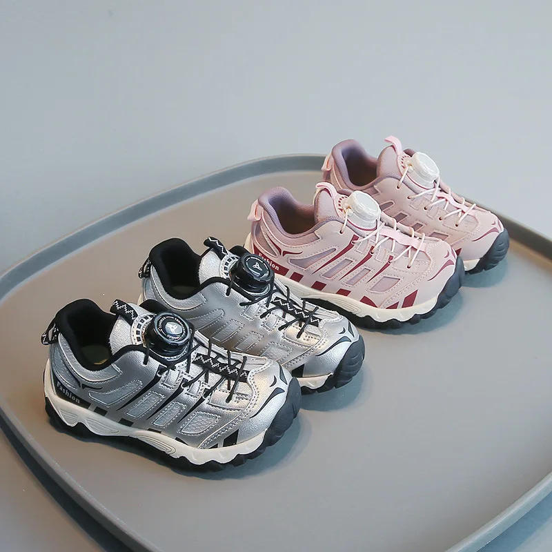 Kids'Casual Shoes Color Blocking PU Leather Fashion Autumn Shoes For Children Breathable Anti-slip Silver Pink Size 27-32