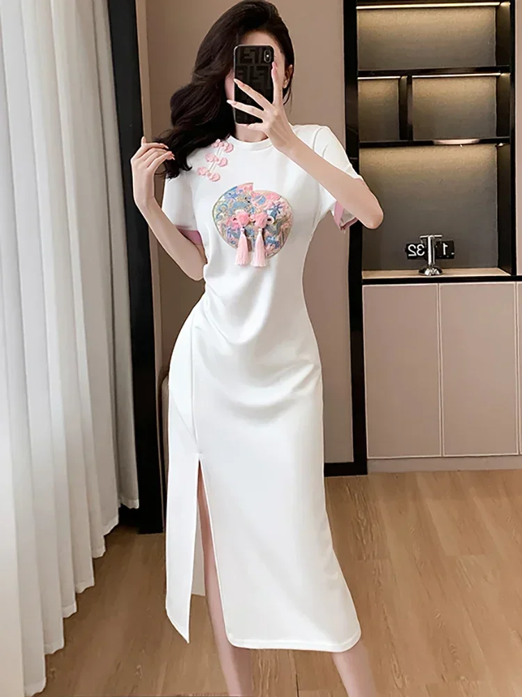 Letnie sukienki z krótkim rękawem Bodycon Prom Clothes Women Korean Elegant Casual Home Dresses 2025 White Print Chic Tassel Luxury Long Dress