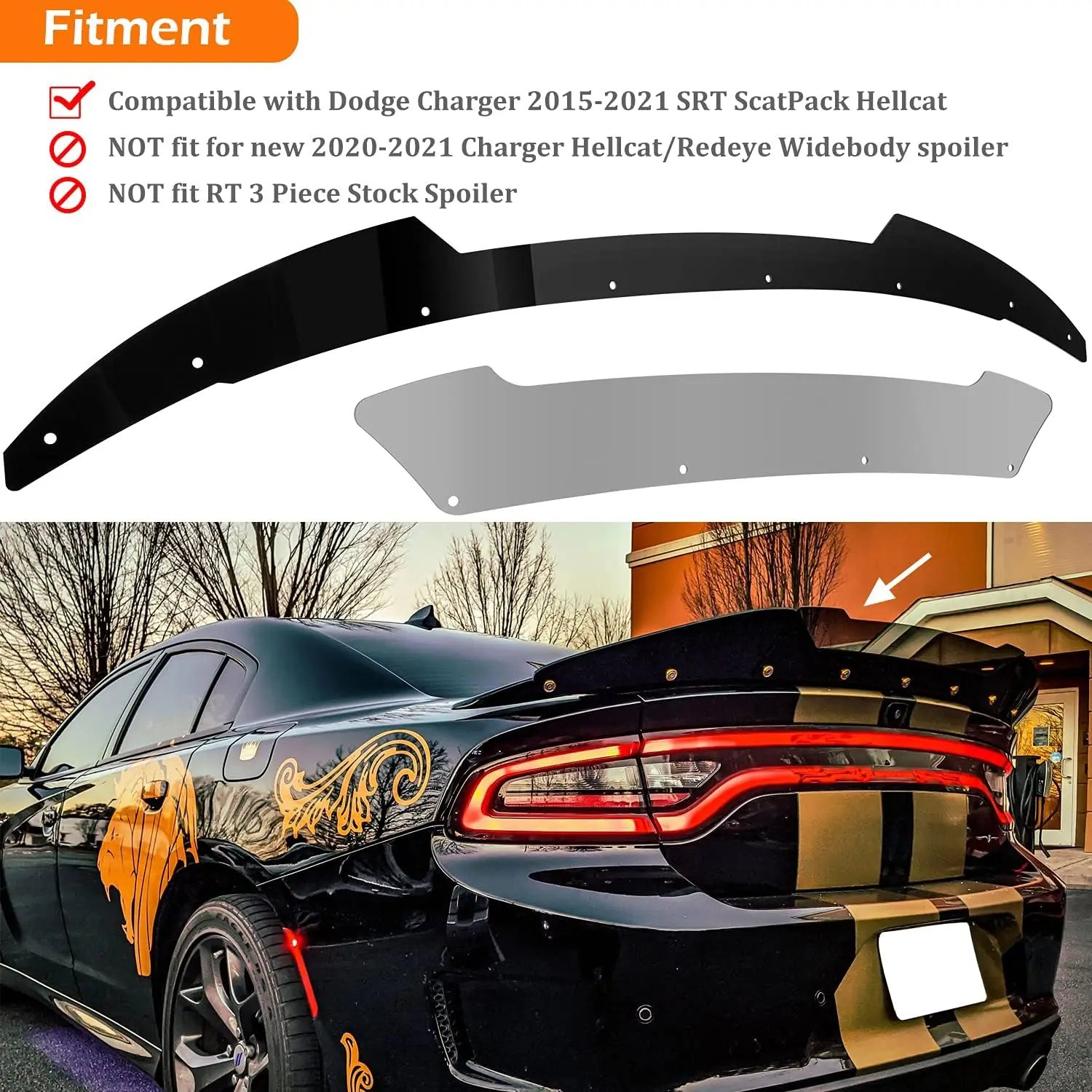 TM Rear Wicker Bill Spoiler Venom V2 for Dodge Charger 2015-2021 SRT ScatPack Hellcat Add-on Type Rear Wickerbill Spoiler