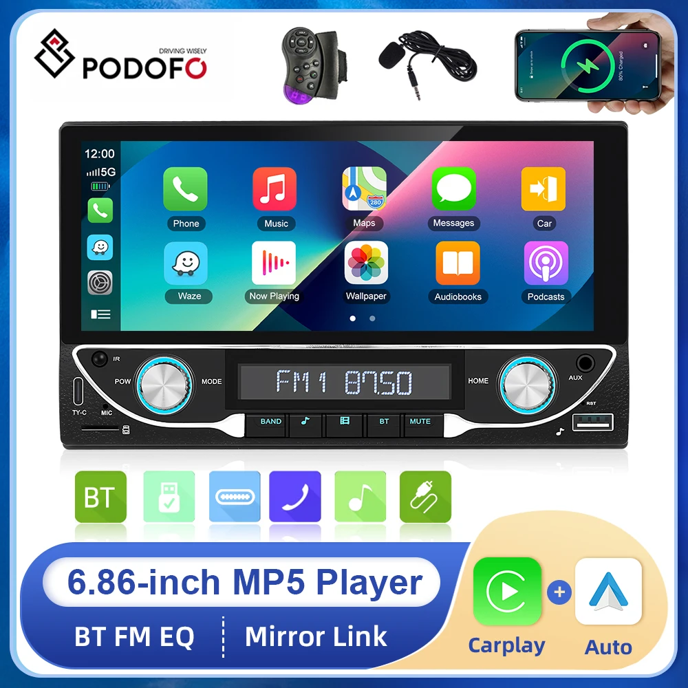 

Podofo 2din 6.86" Car MP5 Player HD Touch Screen Carplay Android auto Bluetooth FM Radio Receiver Support TF/USB For Universal