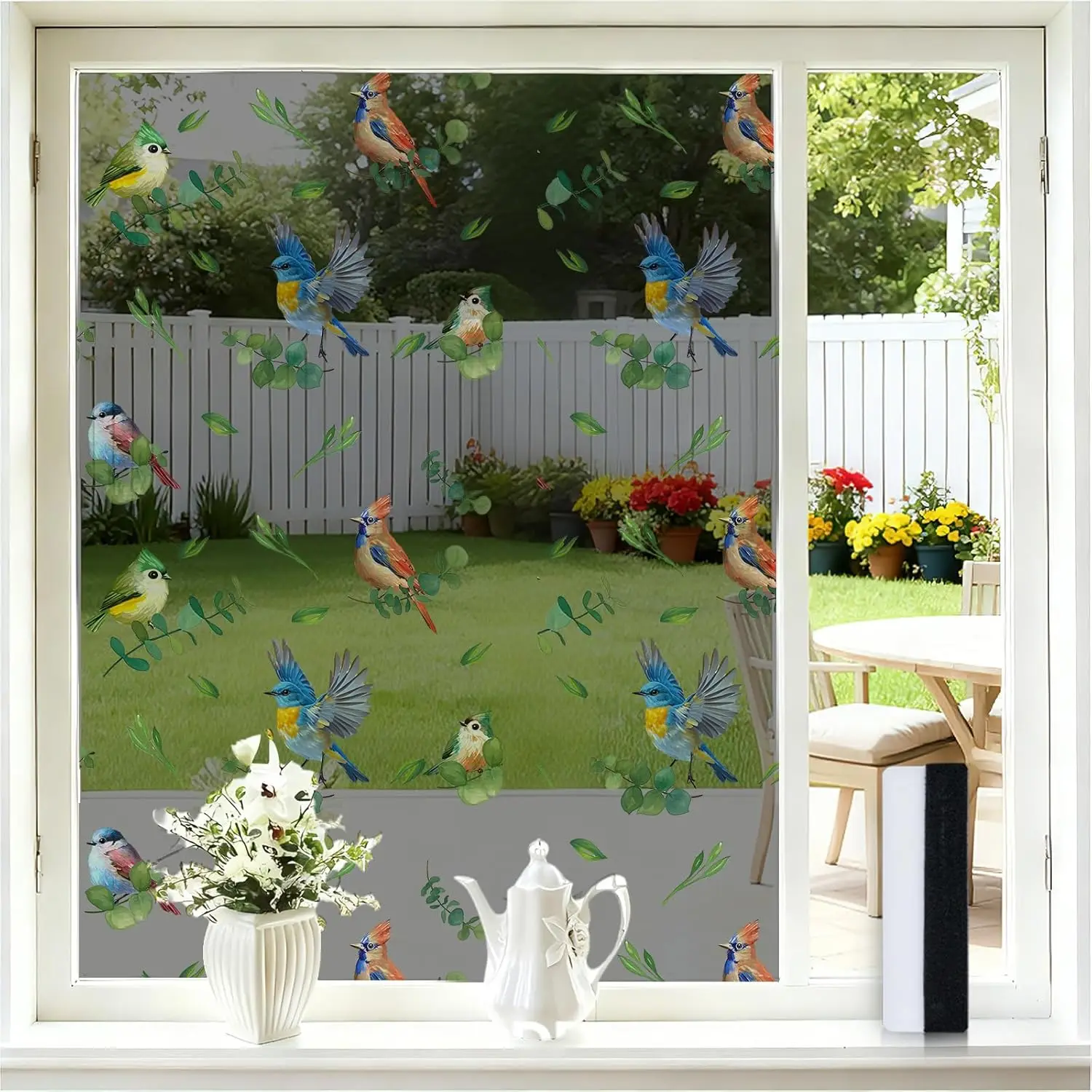 

One Way Privacy Window Film for Home, 99% Heat UV Blocking Window Tint, Birds & Leaves Decorative Static Cling Film, Squeegee