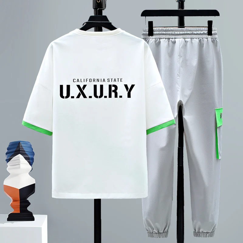 New 2024 Summer Casual Short Sleeve T-Shirt And Full-Length Pants Two Piece Men\'s Sets Sports Outwear Loose Tops Tees Tracksuits