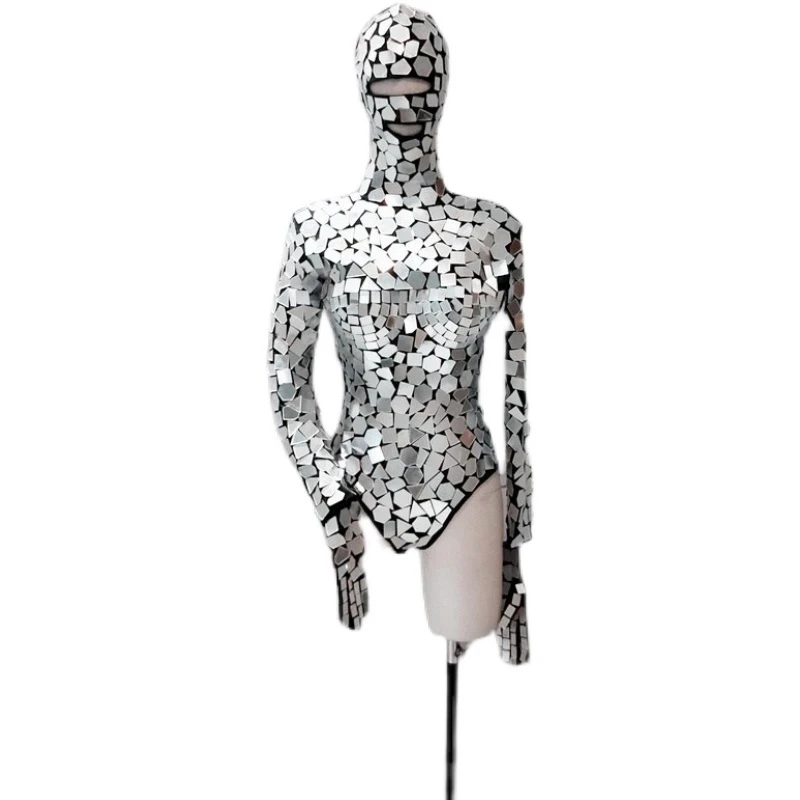 

Women Dancer Jazz Robot Dance Costume Nightclub Silver Mirror Leotard Bodysuit With Gloves Bar Sexy Performance Stage Wear