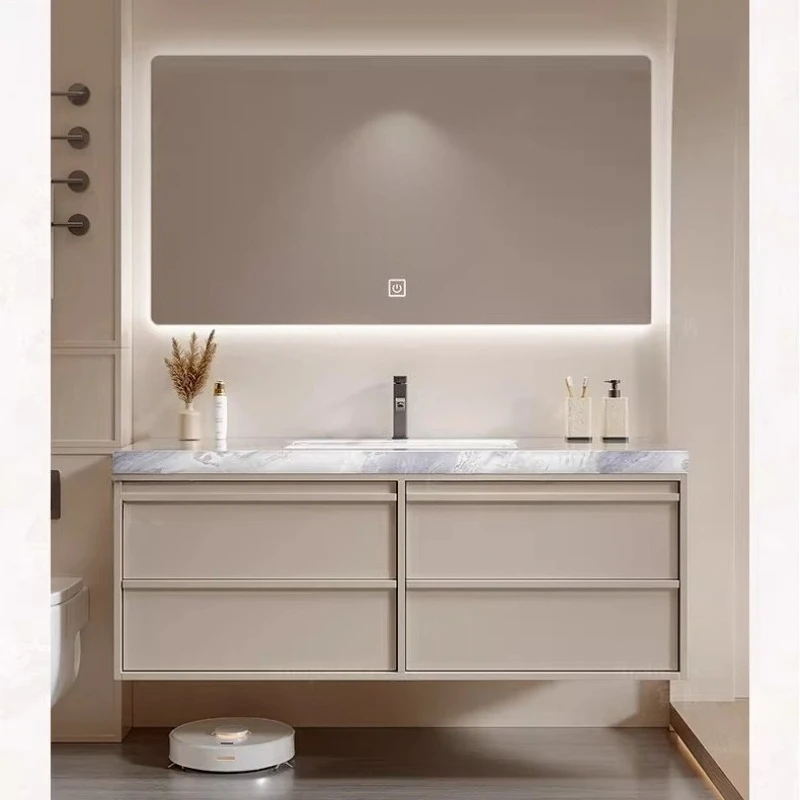 

Bathroom cabinet luxury stone rounded corner ceramic basin intelligent high-end cream wind bathroom wash basin