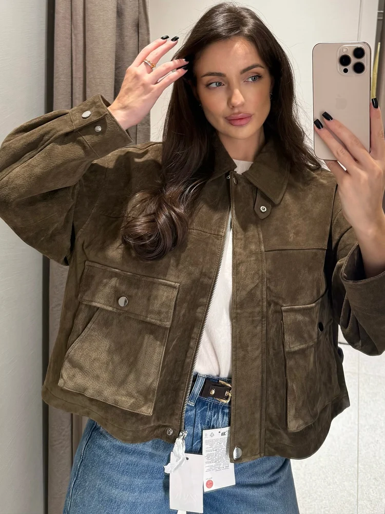 

HH 2025 Women's Elegant Suede Bomber Jacket Autumn Turn-Down Collar Long Sleeve Zipper Pocket Coats Female Chic Streetwear