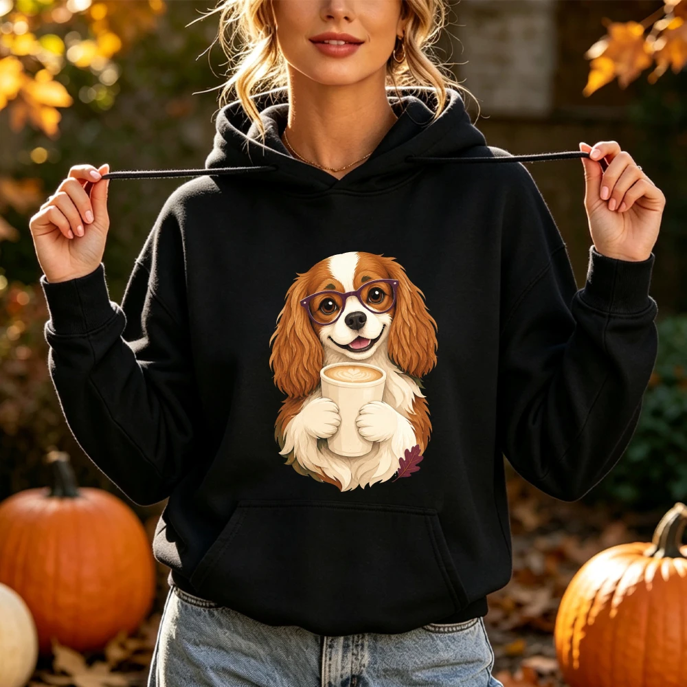 Cute Dog Drinking Coffee Women Hoodie Glasses Cavalier King Charles Graphic Sweatshirt Casual Long Sleeve Pullover Outfits
