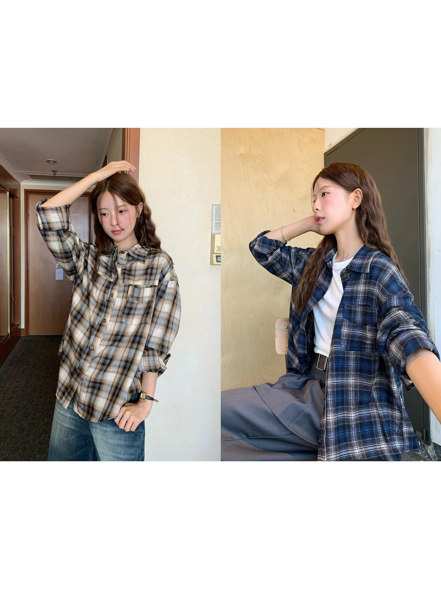 

WHYSTUDIO Korean Sle Vintage Long Sve Silk irt Lazy Feel Plaid Women's Top Straight Cut Classic Autumn Faion
