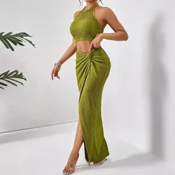 Pleated Women 2 Piece Set Outfits 2025 Summer Crop Top and Midi Ruffles Draped High Side Split Maxi Long Beach Skirt Set