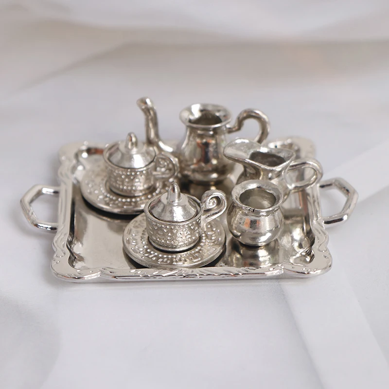 10pcs 1/12 Dollhouse Miniature Silver Metal Tea Coffee Tray Tableware Set Mini Simulation Furniture Kitchen Accessories