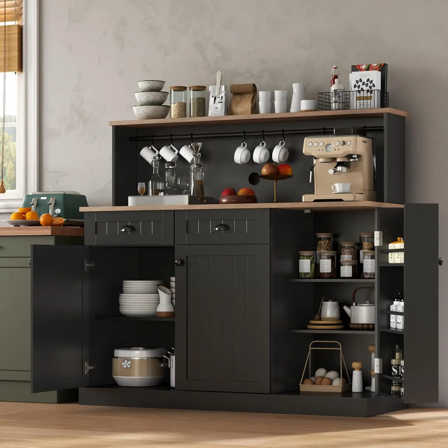 

Buffet Cabinet with 2 Drawers, Farmhouse Kitchen Pantry with Adjustable Shelves, Coffee Bar Cupboard Cabinet with 3 Do