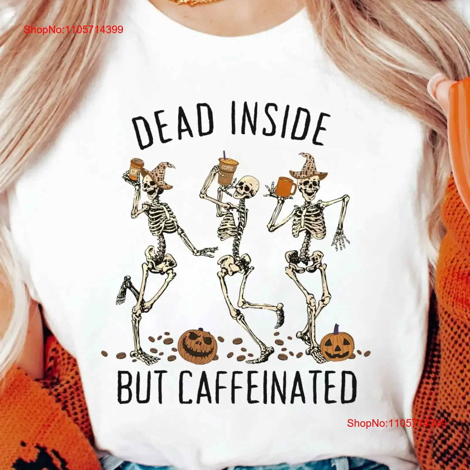 Dead Inside But Caffeinated T Shirt Halloween Coffee Lover for Her vintage Washed graphic Comfortable Top For Everyday Wear