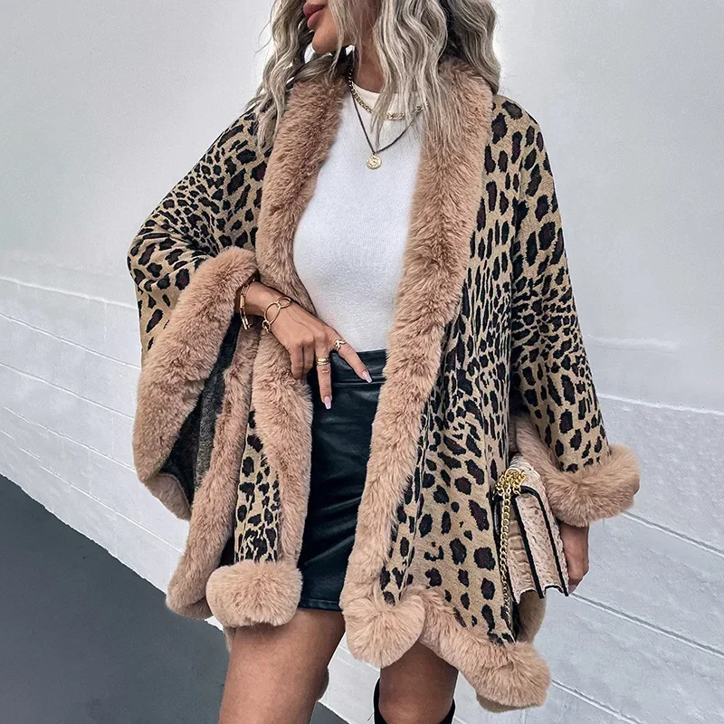 Ueteey Cardigan Sweater for Women Autumn Winter Leopard Pattern Fur Collar Shawl Cardigans Womens Oversized Warm Sweaters 2024