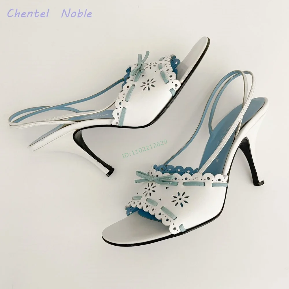 Leather Eyelet Bow Sandals Round Open Toe Back Strap Buckle Thin High Heels Design Women Shoes 2024 New Arrivals Summer Dress