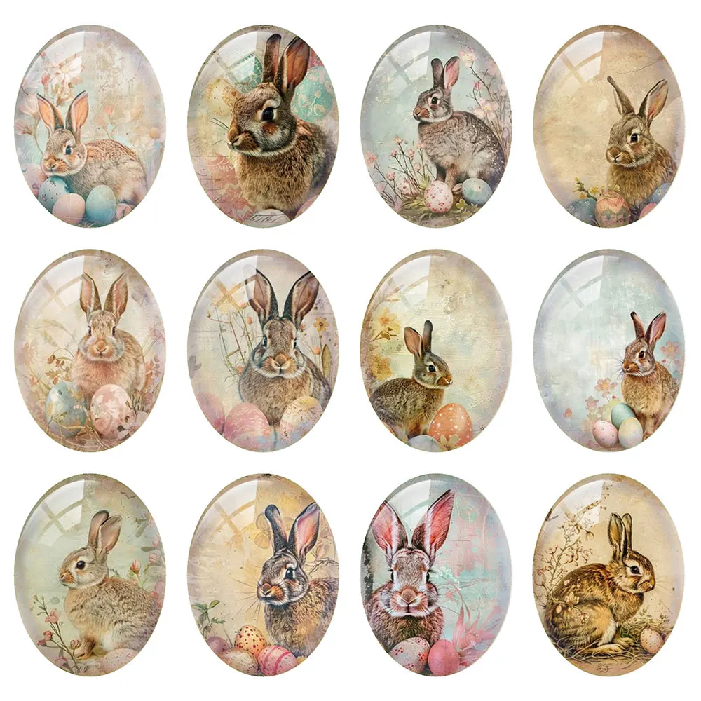 Random Mixed Round/Oval/Square Easter Bunny Rabbit Egg Hunter Photo Glass Cabochon Flatback Demo Cameo For Diy Jewelry Making