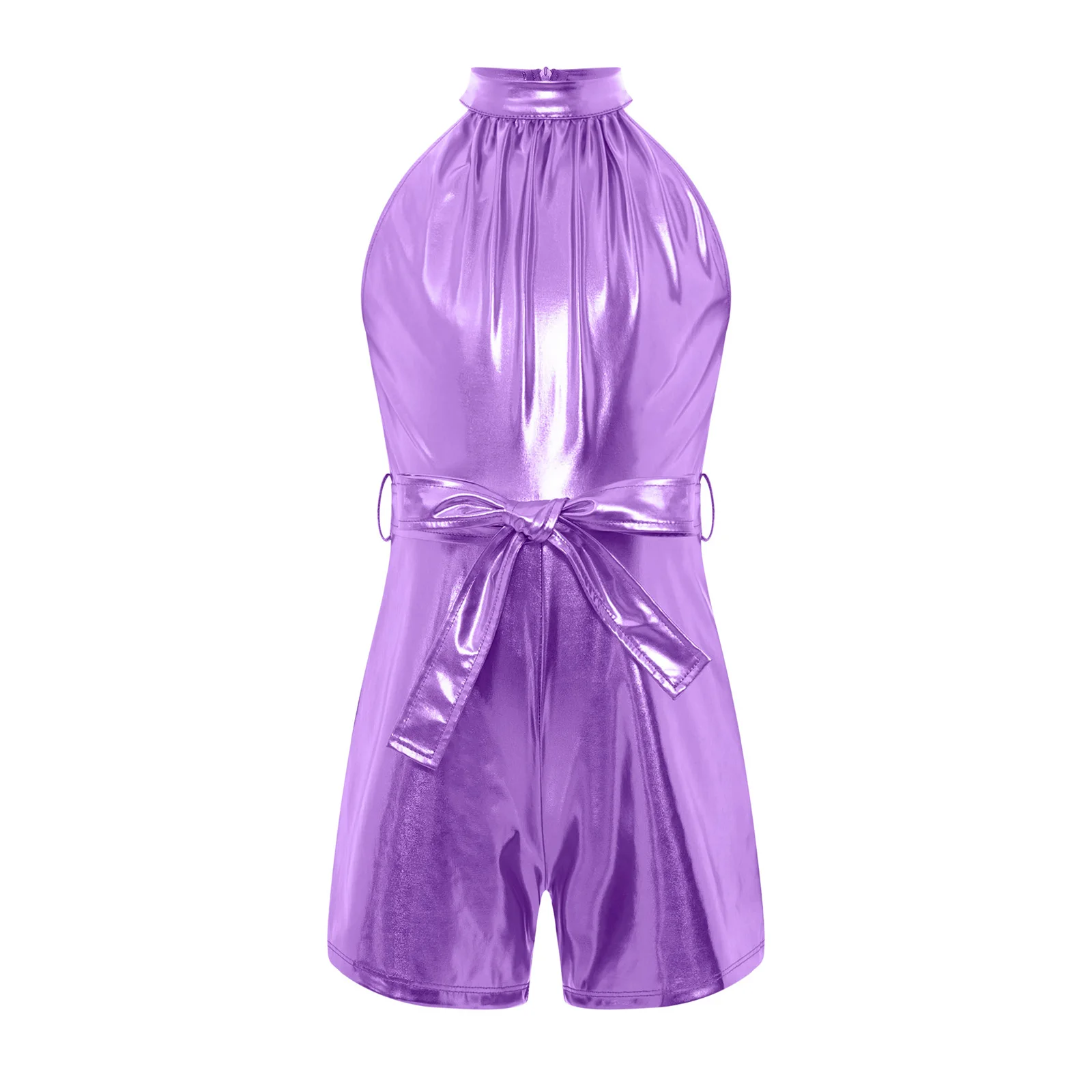 

Kids Girls Leotards Jazz Dance Bodysuit Figure Skating Performance Costume Metallic Halter Sleeveless Zipper Jumpsuits Dancewear