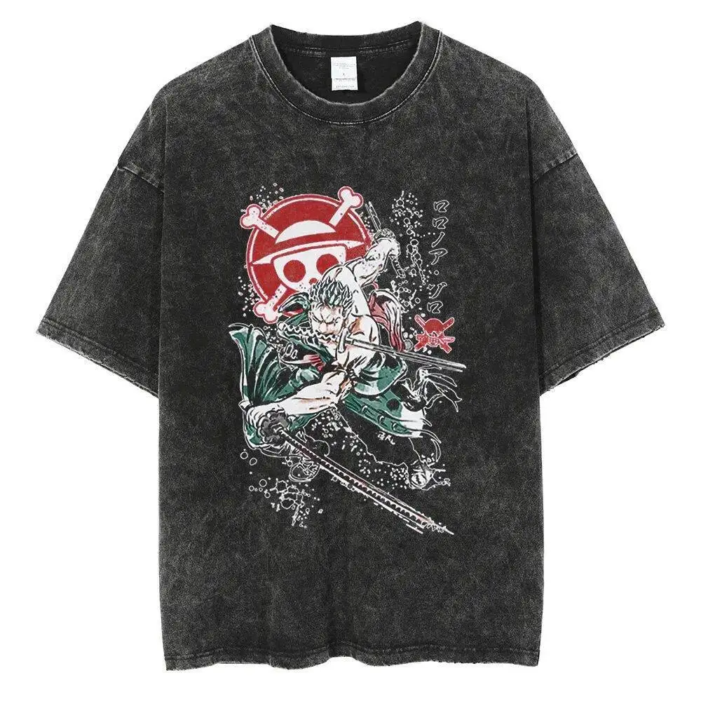 

Acid Washed One Piece Zoro Battle Graphic Tee Unisex Oversized 100% Cotton Retro Anime Streetwear Dynamic Premium Comfort Tees