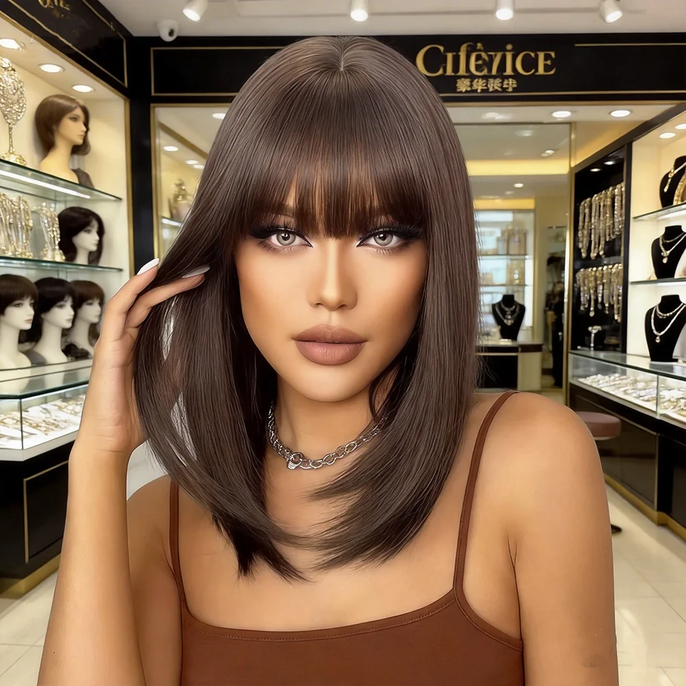 Natural Looking Brown Straight Medium Length Wig with Bangs High Temperature Fiber Synthetic Hair for Daily Party