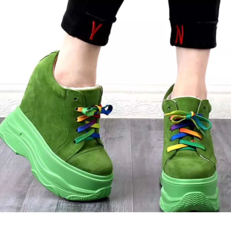 14 cm inner height increasing elevators shoes for women green genuine leather suede sneakers high platform wedges pumps ladies