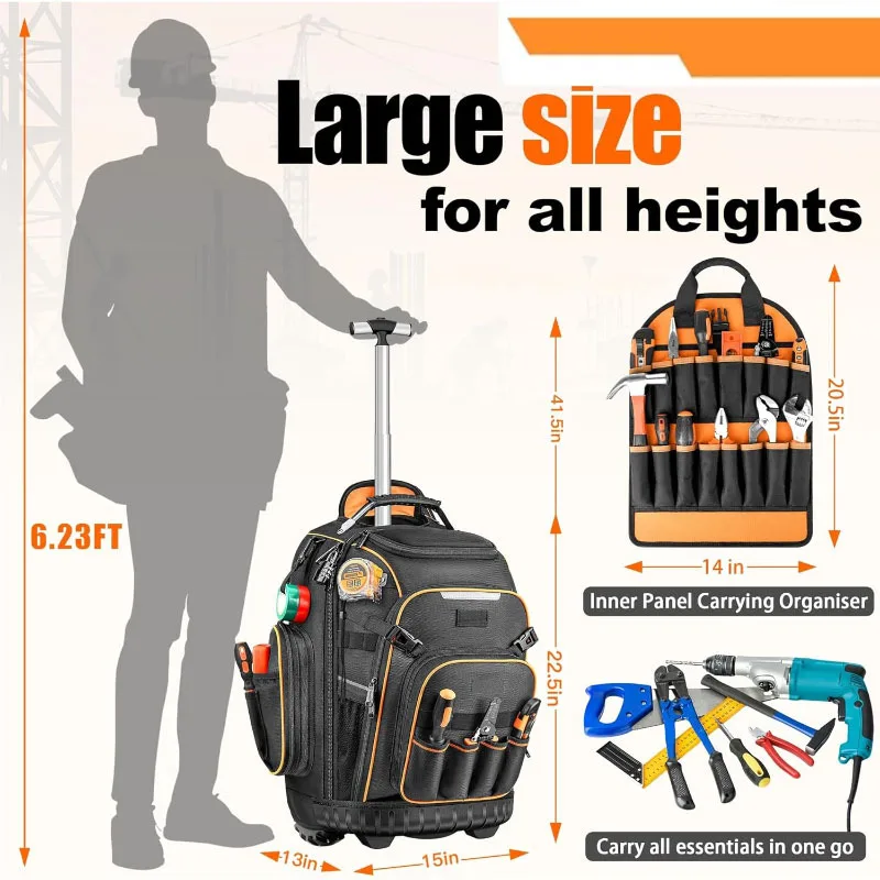 Heavy Duty Rolling Tool Backpack with Wheels and Pull Handle for Electricians Construction Work Site