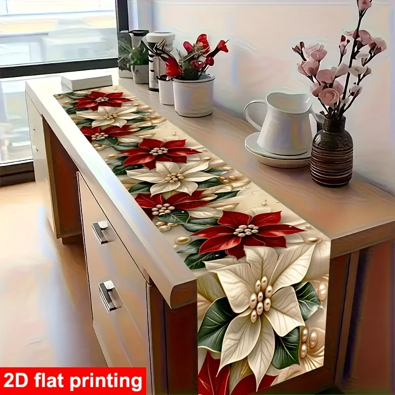 VIKAMA Christmas Table Runner Red White Poinsettia Pearl Flower Dining Table Decor Happy New Year 2027 Holiday Gathering