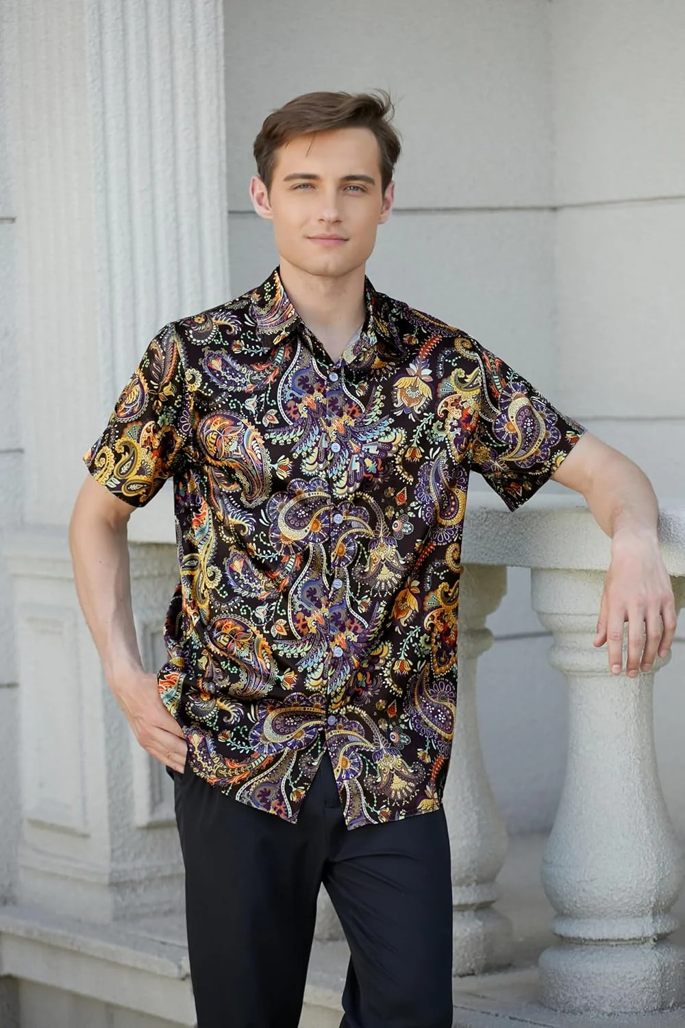 2026 Men's Luxury Smooth Silk-Textured Polyester Short-Sleeve Shirt Colorful Printed Blouse Festival Performance Party Gift