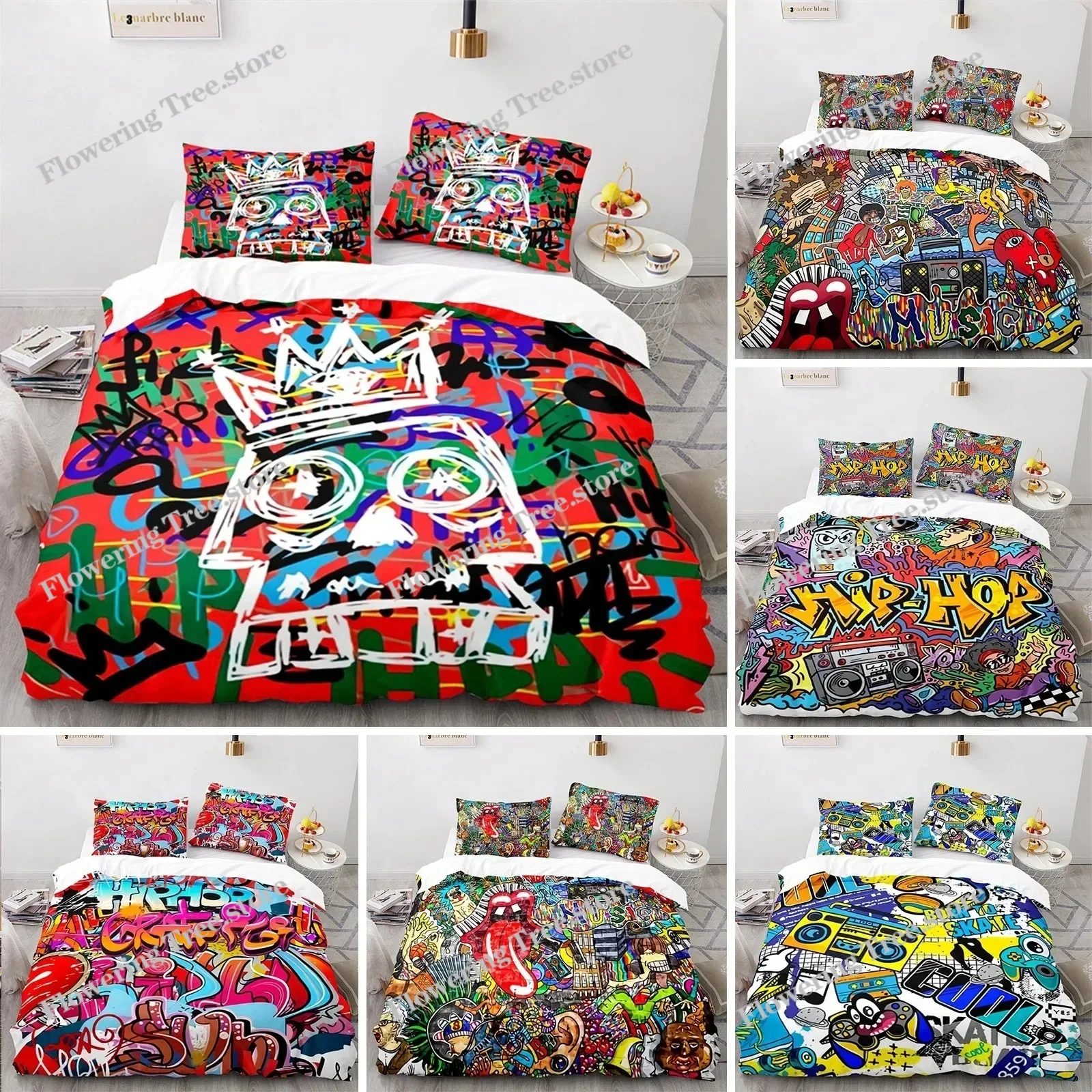 Graffiti King Duvet Cover Set Microfiber Hip Hop Bedding Set Modern Street Art Comforter Cover For Kids Boys Youth Bedroom Decor