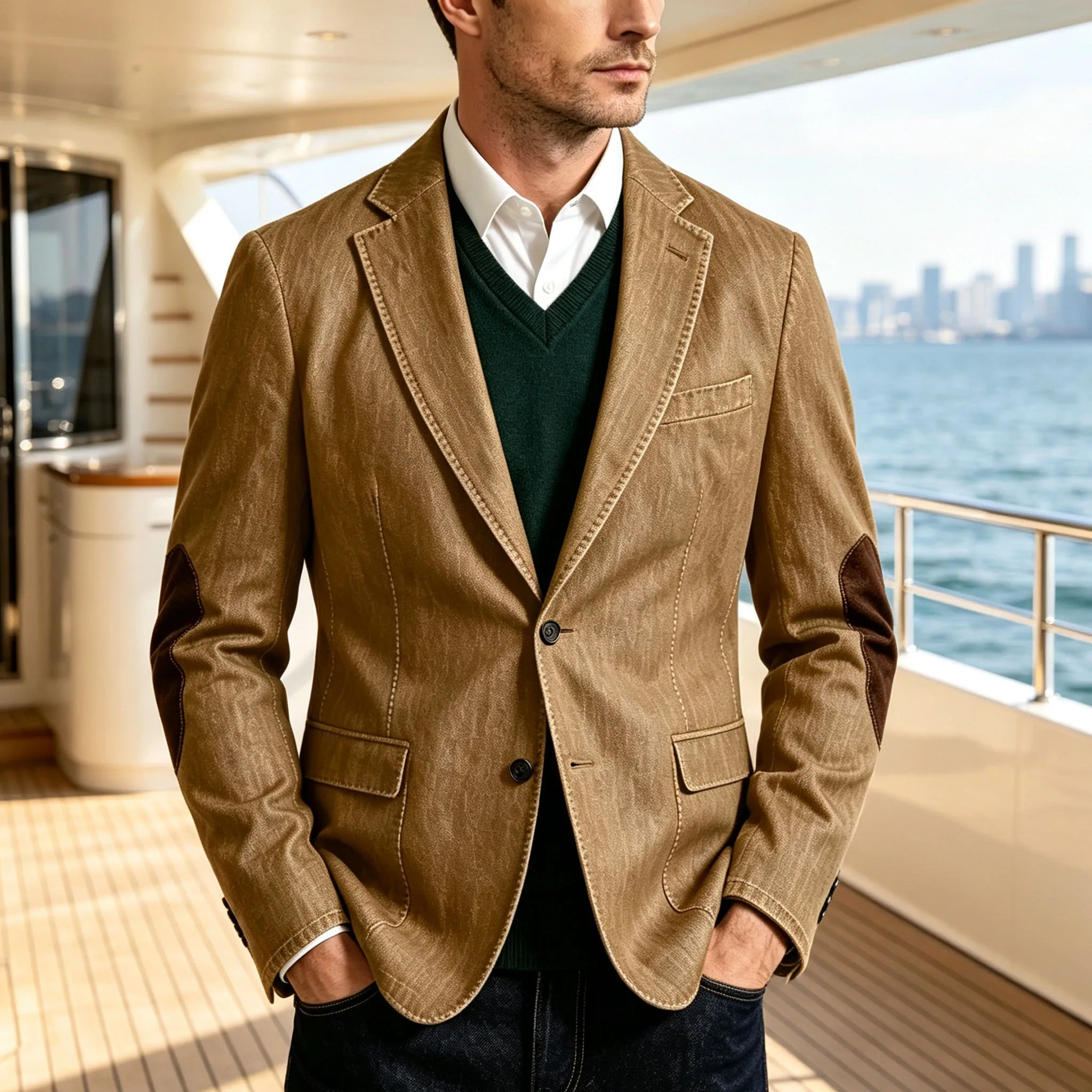 Vintage Men's Denim Blazer Suede Elbow Patches Notched Lapel 2 Button Slim Fit Suit Jacket Casual Business Jean Sport Coat Part