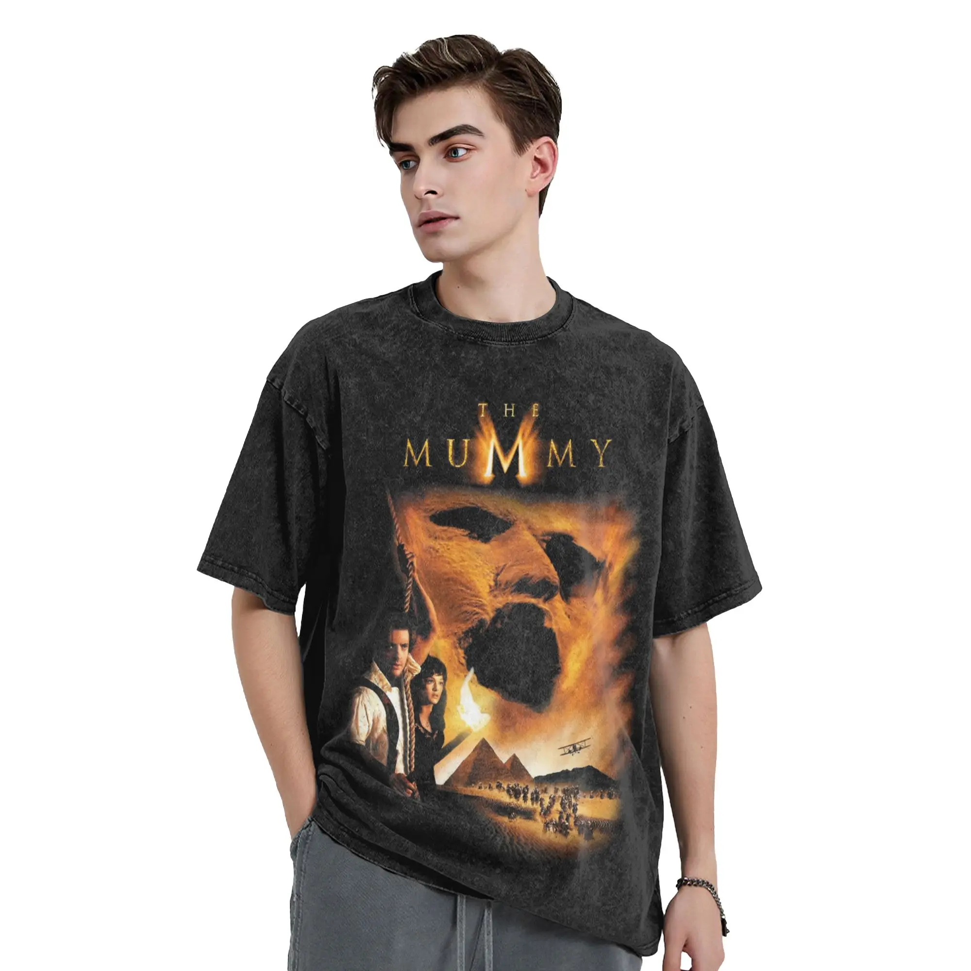 Streetwear The Mummy  Vintage Washed Tshirts Men's O-neck Short Sleeve Tops  Cotton Summer Tops Shirts