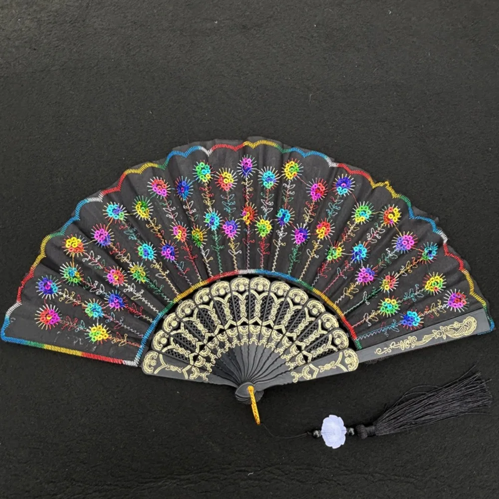 

Black Handle Lace Folding Fan Embroidery Sequin Length: about 35cm Square Dance Performance 65cm with Pendant