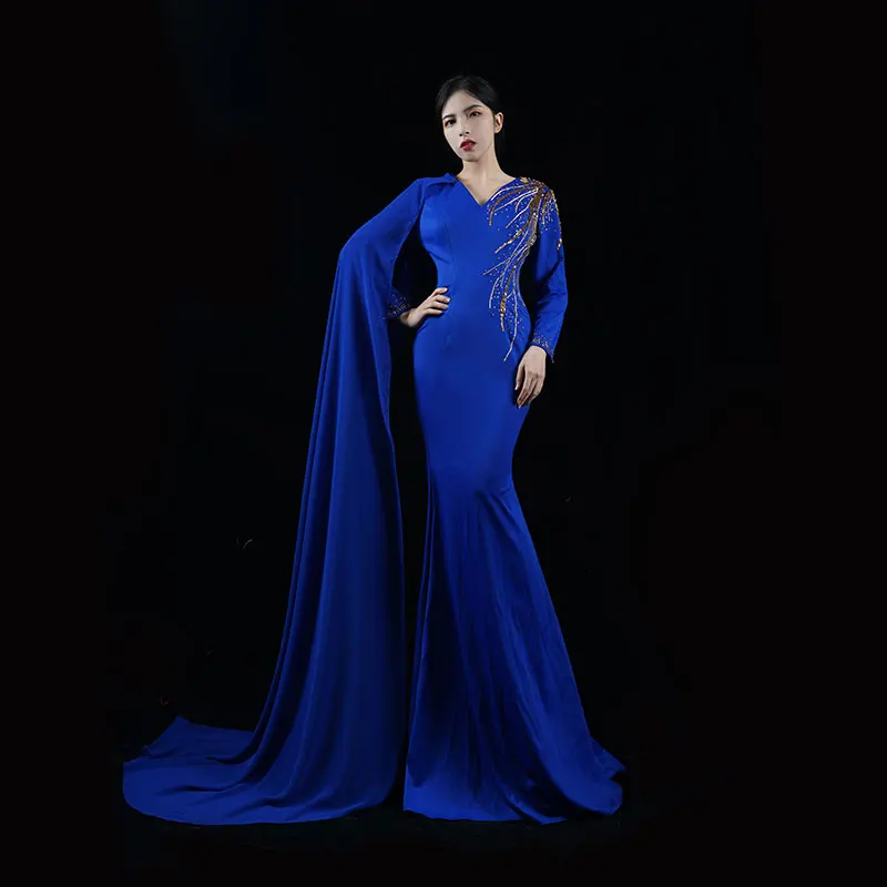 Baisha Elegant Dress New Rhinestones Beaded V-Neck Long Trumpet With Train Host Evening Gown H1662 فساتين سهرة