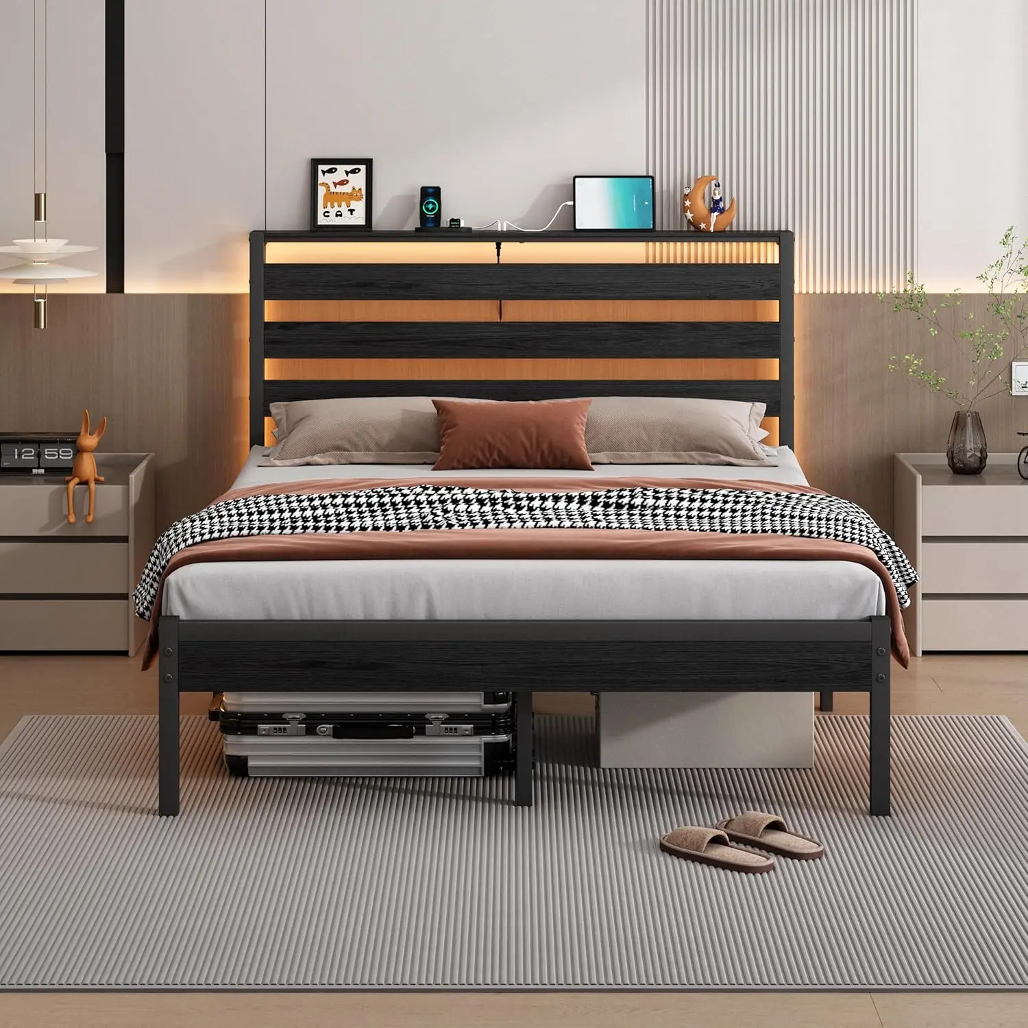 

14 Inch Full Size Metal Platform Bed Frame with Headboard, Steel Slats, LED Lights, USB Charging, Under Bed Storage
