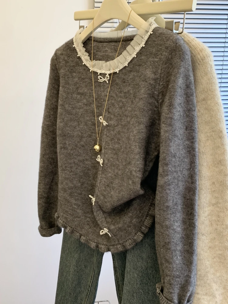 سترة المرأة الكورية نمط الدانتيل س الرقبة كل مباراة الخريف الشتاء القوس الديكور تصميم تريكو عادية حلوة جميلة الفتيات Ulzzang